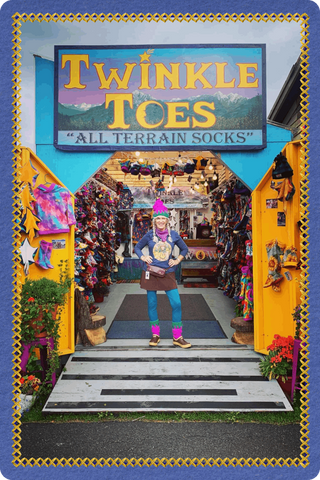 Twinkle Toes and Wild Outerwear storefront in Palmer, Alaska, featuring handmade all-terrain socks and outdoor apparel